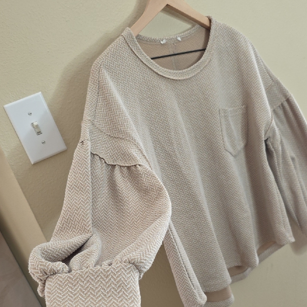 Chevron Waffle Knit Puff Sleeve Thermal Top Beige Womens Medium Boho Cottagecore - Picture 5 of 7